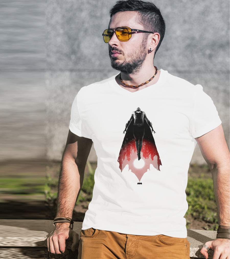 Batman Rising Over Gotham City Silhouette Red And Black T-Shirt