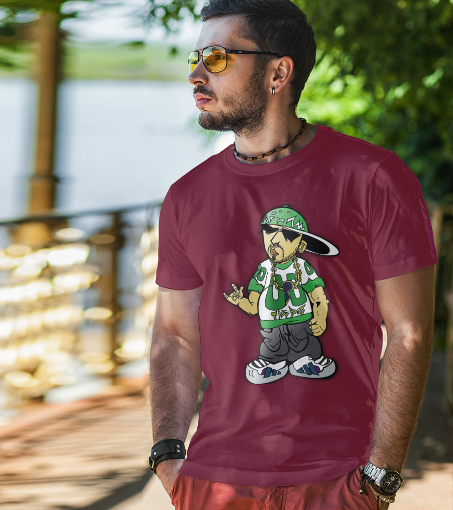 HipHop Cartoon Character With UP The Posse On Green Snapback And Chain T-Shirt
