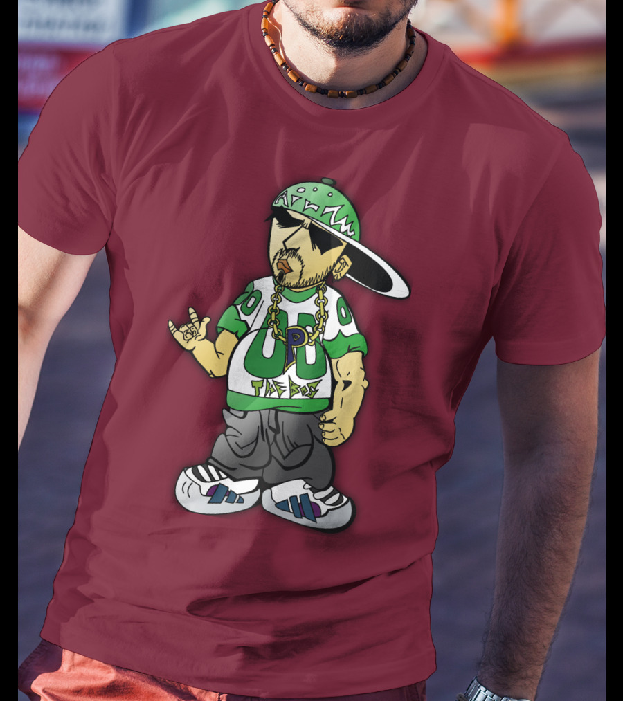 HipHop Cartoon Character With UP The Posse On Green Snapback And Chain T-Shirt