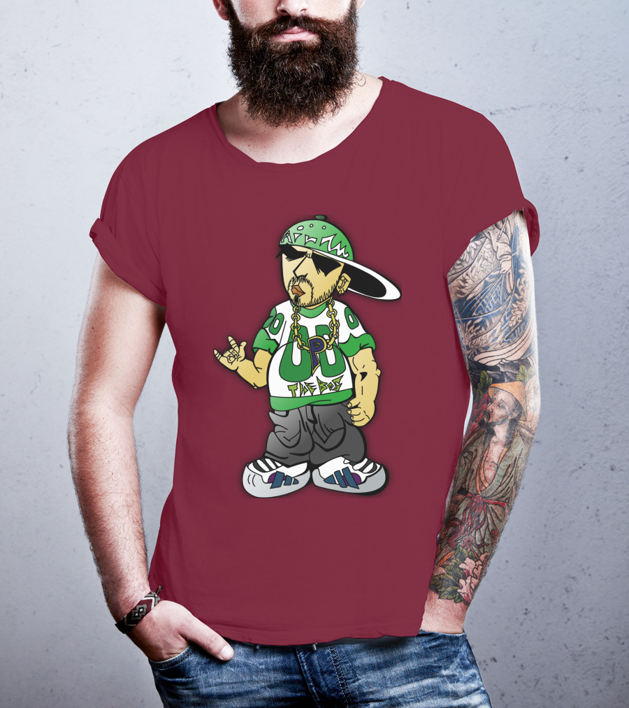 HipHop Cartoon Character With UP The Posse On Green Snapback And Chain T-Shirt