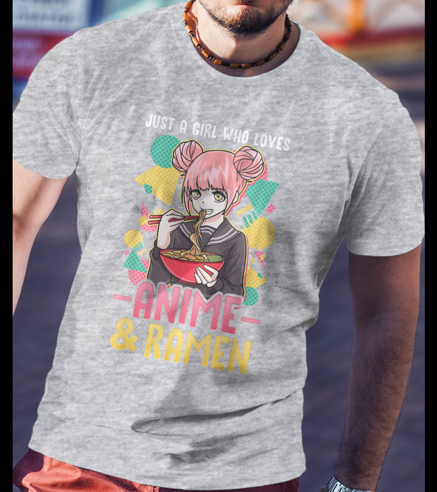 Just A Girl Who Loves Anime And Ramen With Pink-Haired Character Eating Noodles T-Shirt