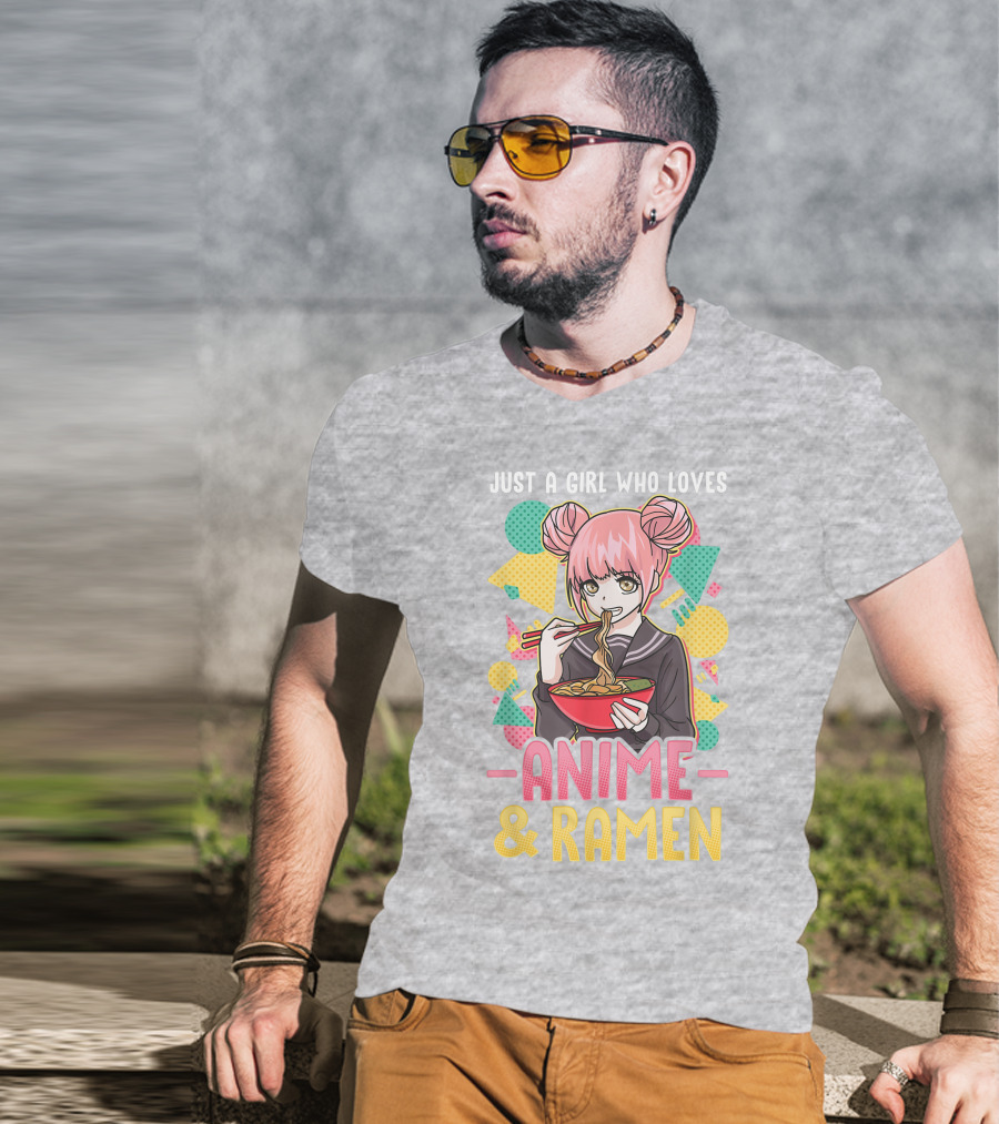 Just A Girl Who Loves Anime And Ramen With Pink-Haired Character Eating Noodles T-Shirt