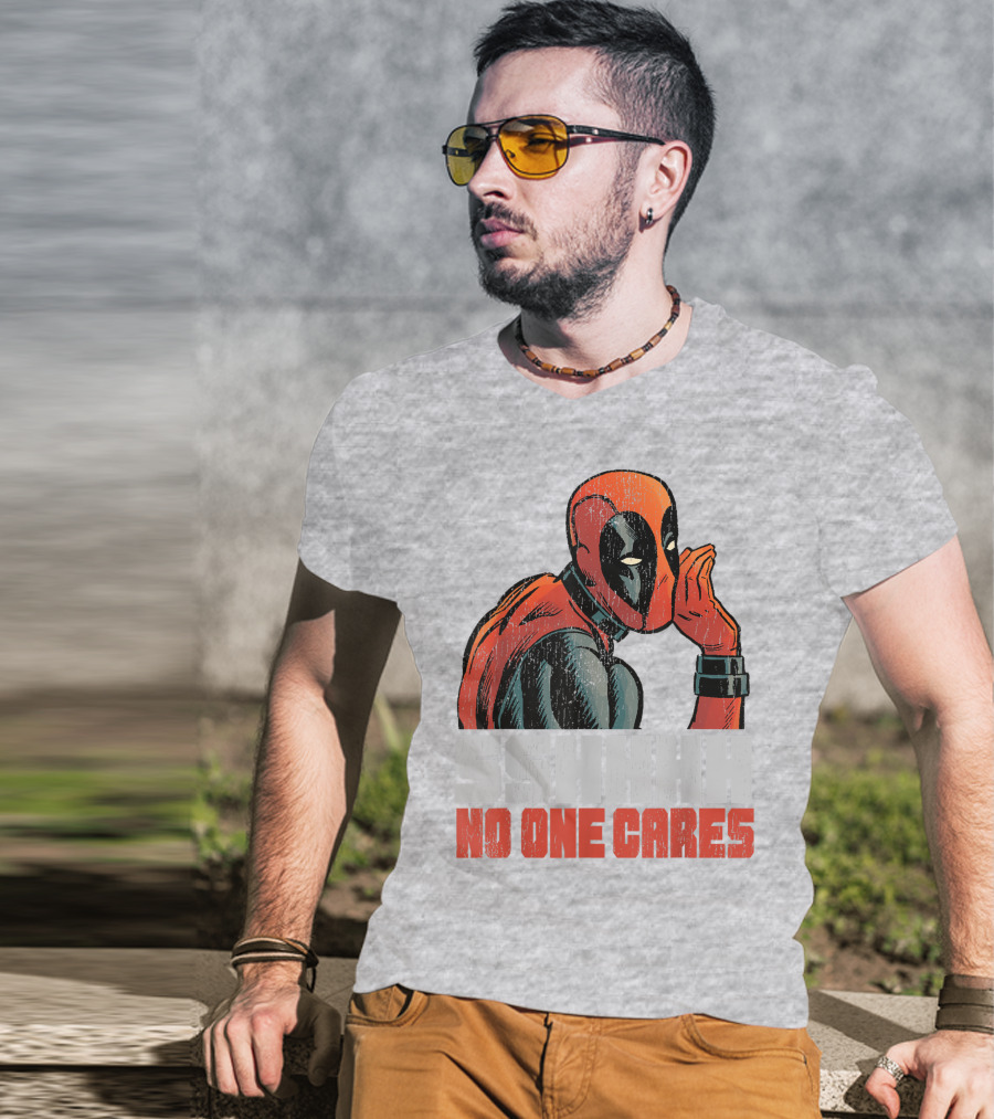 Marvel Deadpool SSHHHH No One Cares Whisper Red And Black Suit Hero T-Shirt