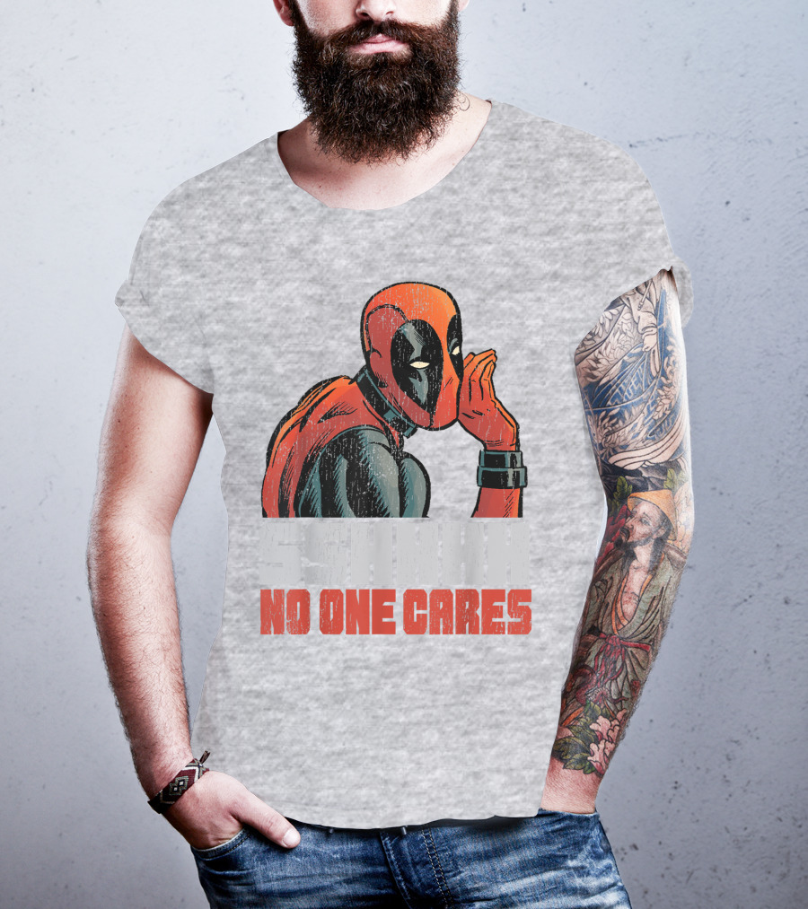 Marvel Deadpool SSHHHH No One Cares Whisper Red And Black Suit Hero T-Shirt