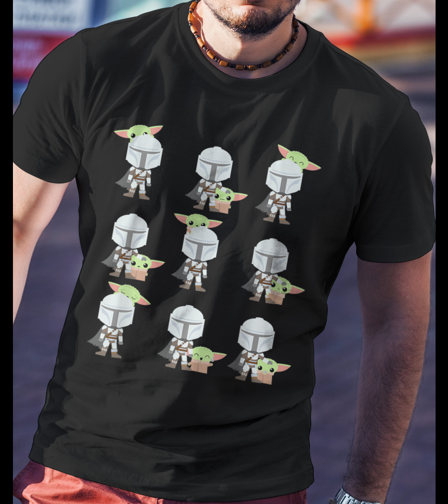 Star Wars The Mandalorian Baby Yoda Expressions Multiple Poses With Helmeted Hero T-Shirt