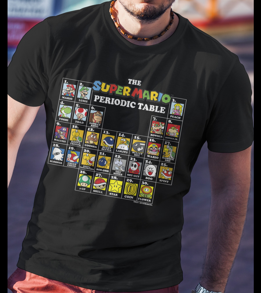Super Mario Periodic Table Featuring Luigi Peach Yoshi Bowser Toad Donkey Kong And More Iconic Characters T-Shirt