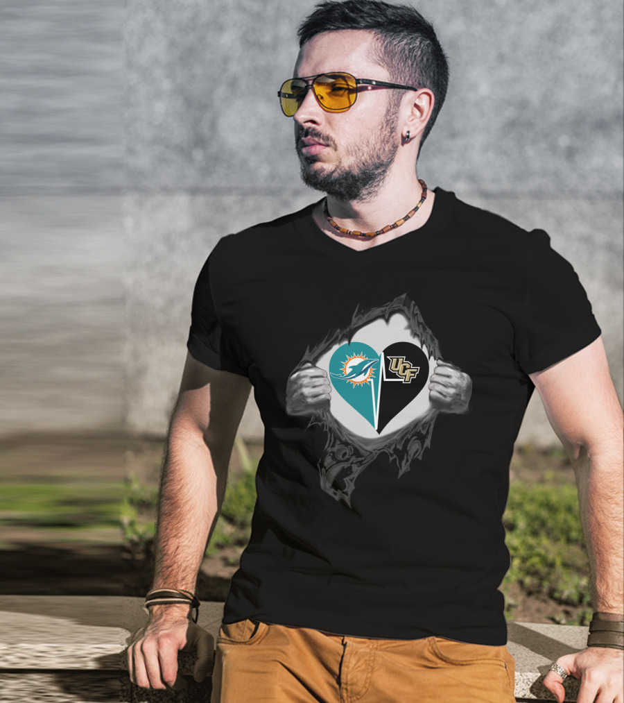 Dolphins And Ucf Knights Heart Logo With Ripped T-Shirt
