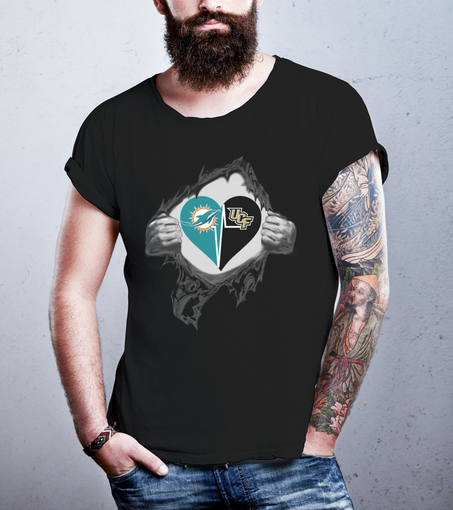 Dolphins And Ucf Knights Heart Logo With Ripped T-Shirt