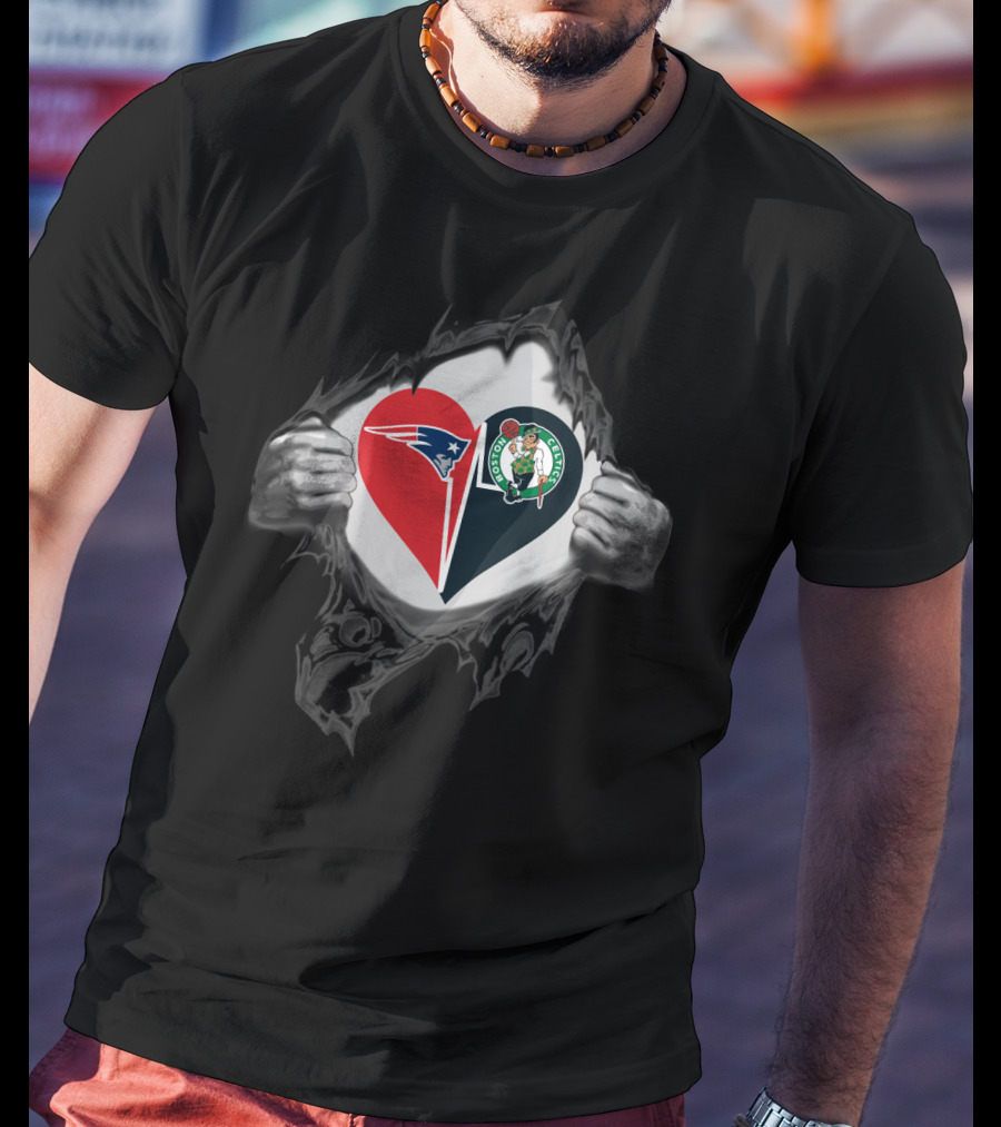 Patriots And Celtics Heart Design With Team Logos T-Shirt