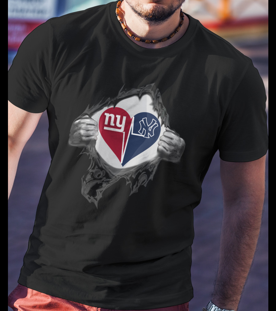 New York Giants And Yankees Heartbeat Fusion T-Shirt