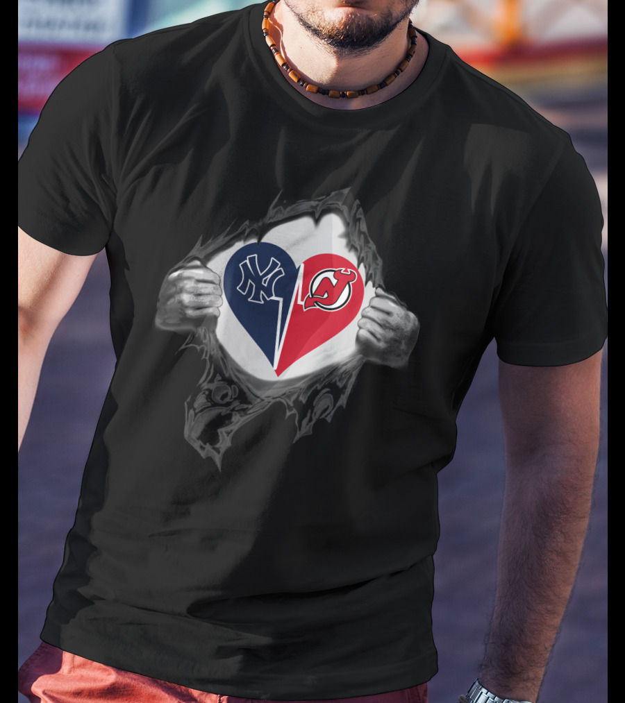 New York Yankees New Jersey Devils Heart Logos Split T-Shirt