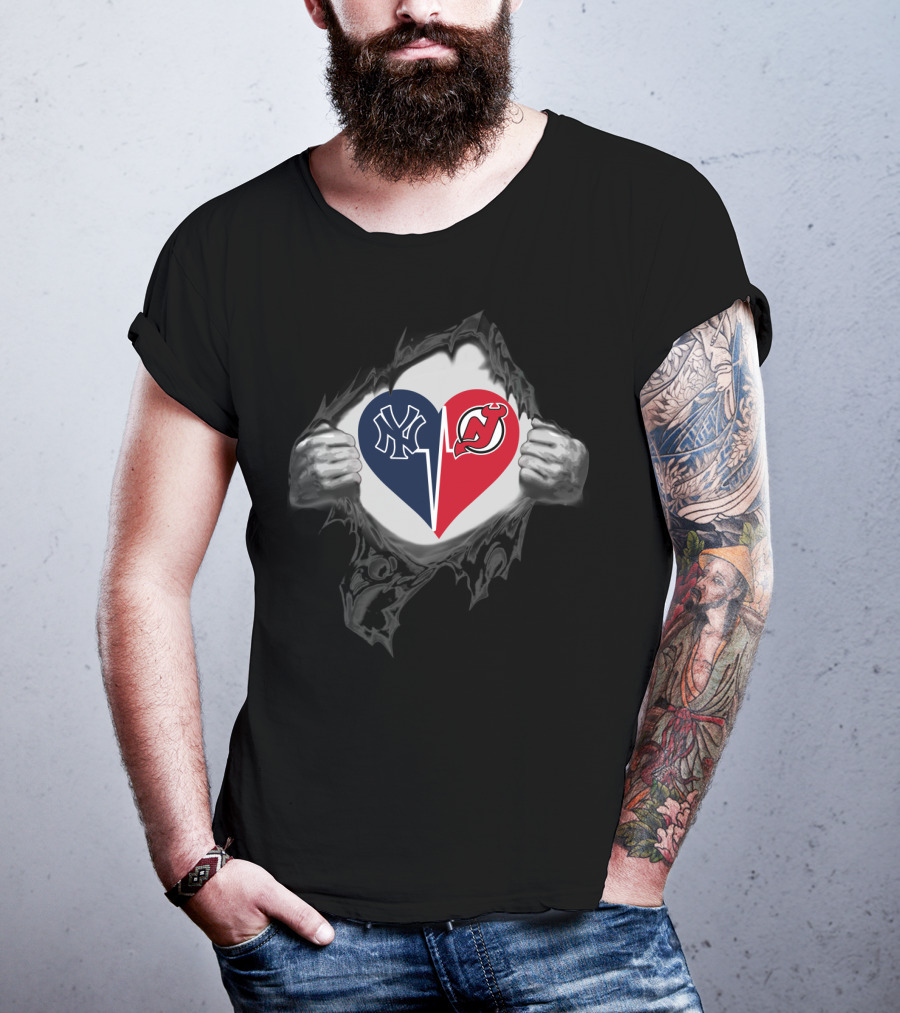 New York Yankees New Jersey Devils Heart Logos Split T-Shirt