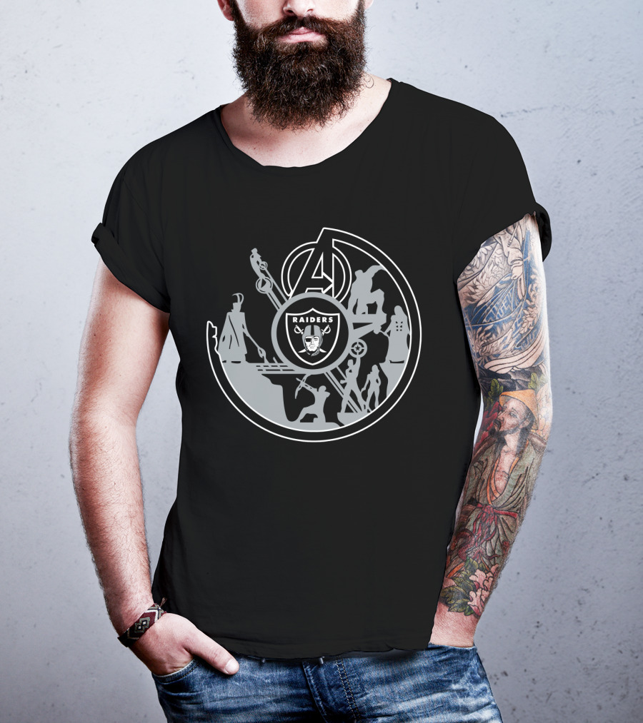 Avengers Raiders Crossover Emblem With Superhero Silhouettes And Icons T-Shirt