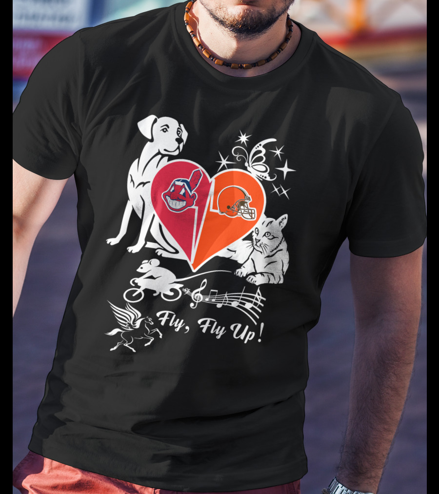 Fly Fly Up Browns Indians Dog Cat Heart Butterfly Music Notes T-Shirt