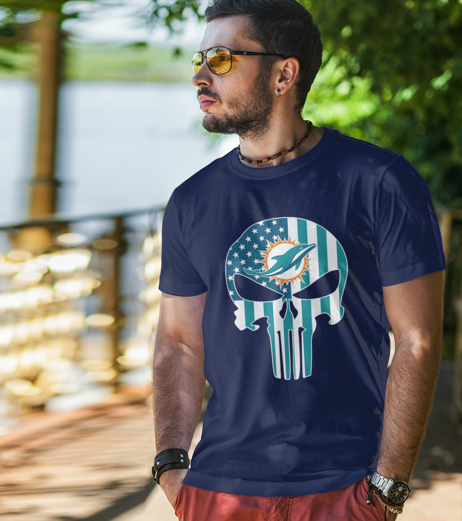 Miami Dolphins Punisher Skull American Flag T-Shirt