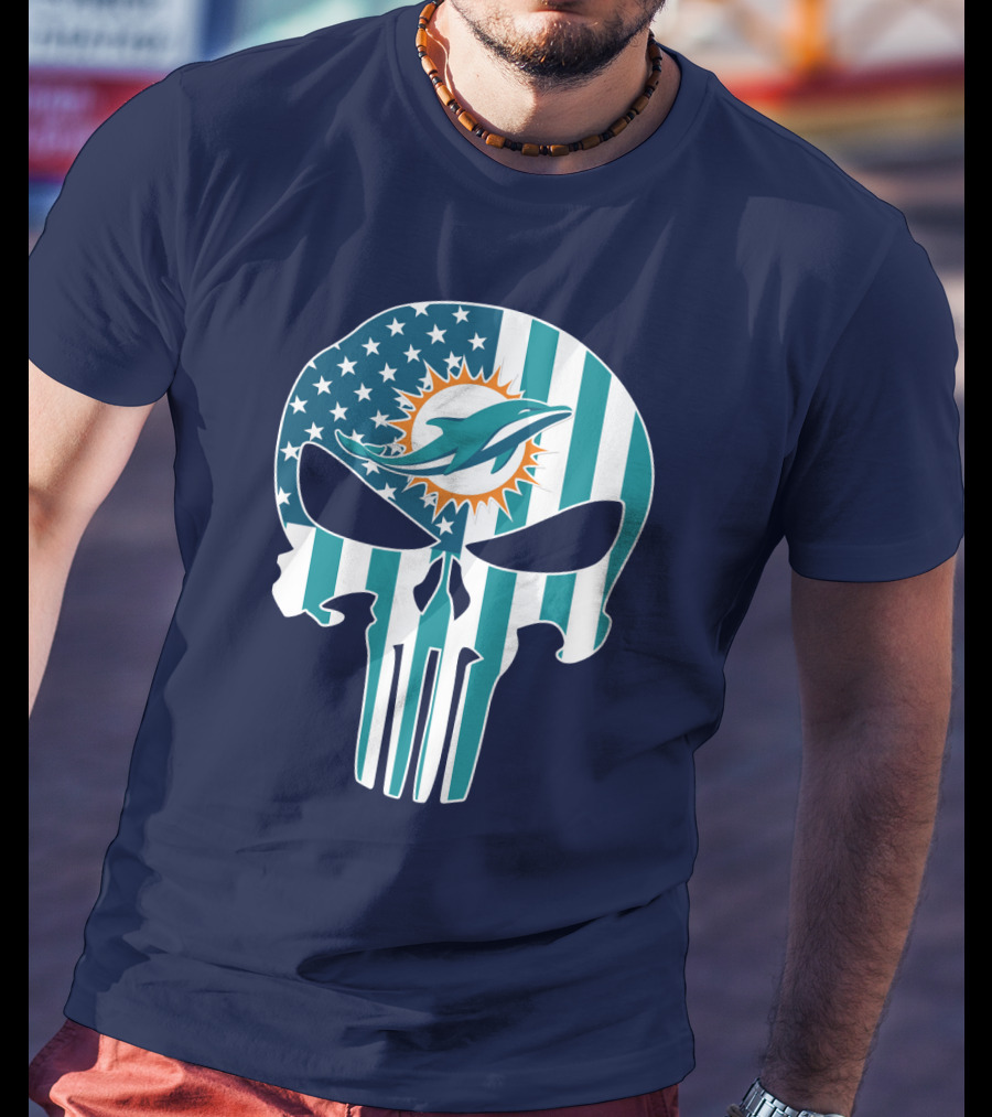 Miami Dolphins Punisher Skull American Flag T-Shirt