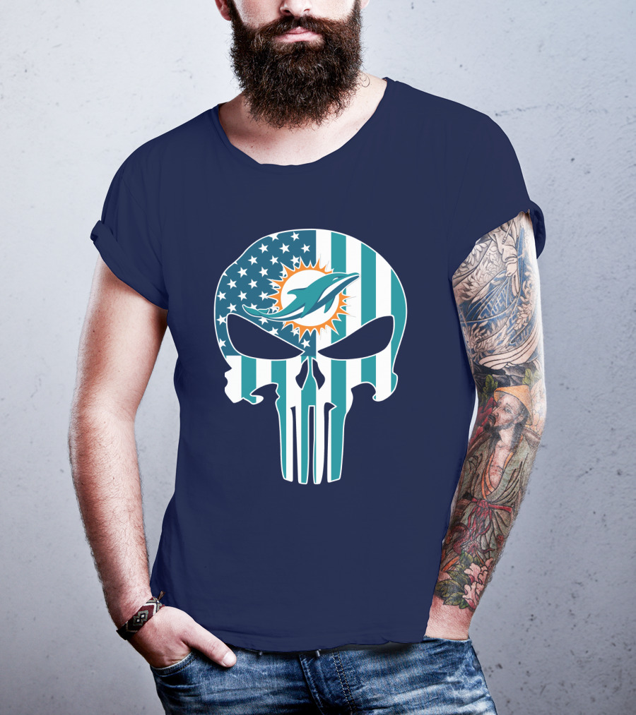 Miami Dolphins Punisher Skull American Flag T-Shirt