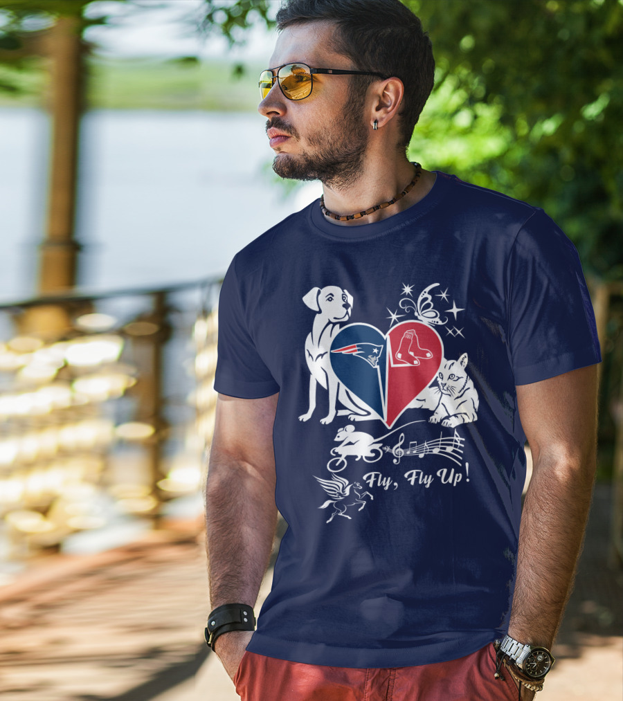 New England Patriots Red Sox Heart With Animals And Fly Fly Up T-Shirt