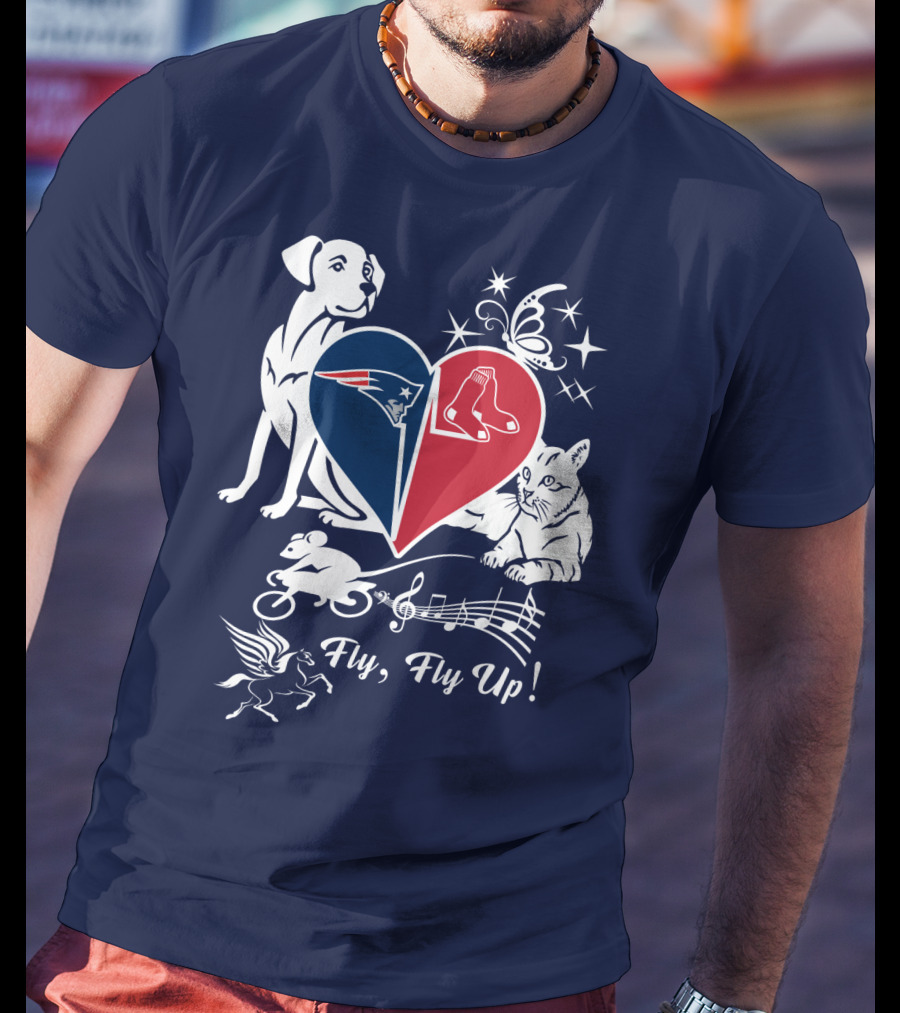New England Patriots Red Sox Heart With Animals And Fly Fly Up T-Shirt