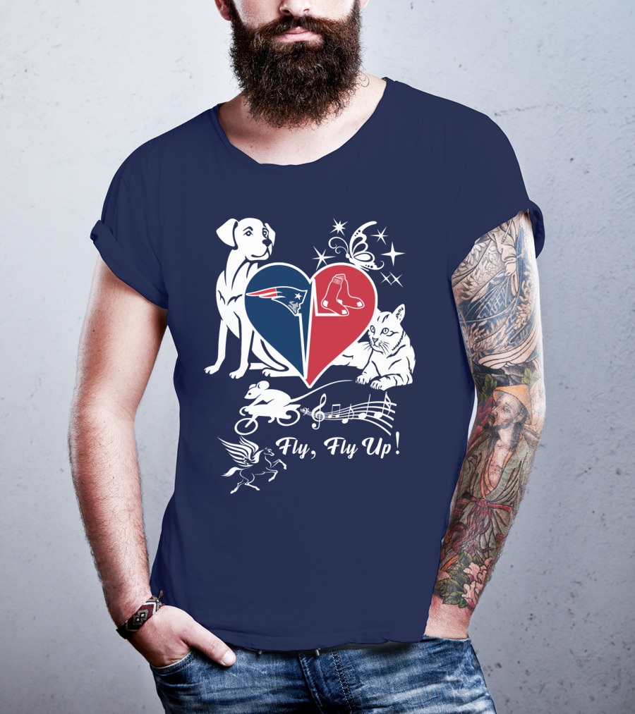 New England Patriots Red Sox Heart With Animals And Fly Fly Up T-Shirt