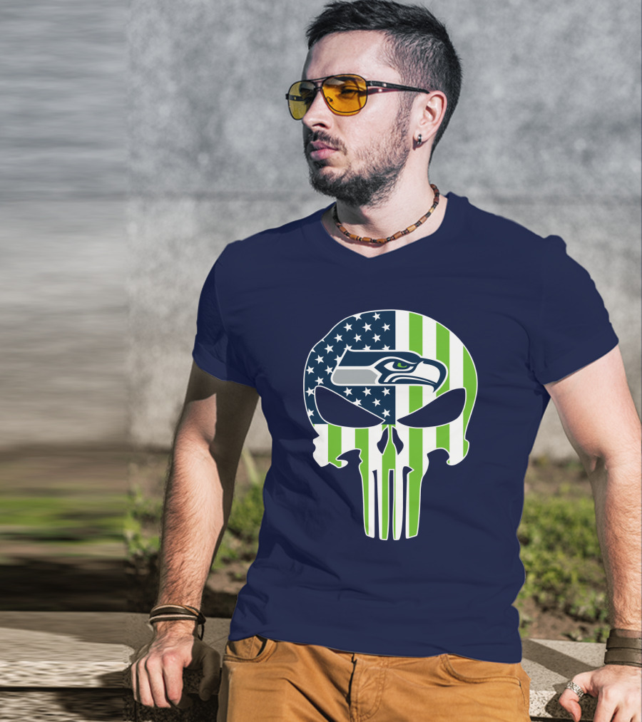 Seahawks American Flag Punisher Skull T-Shirt