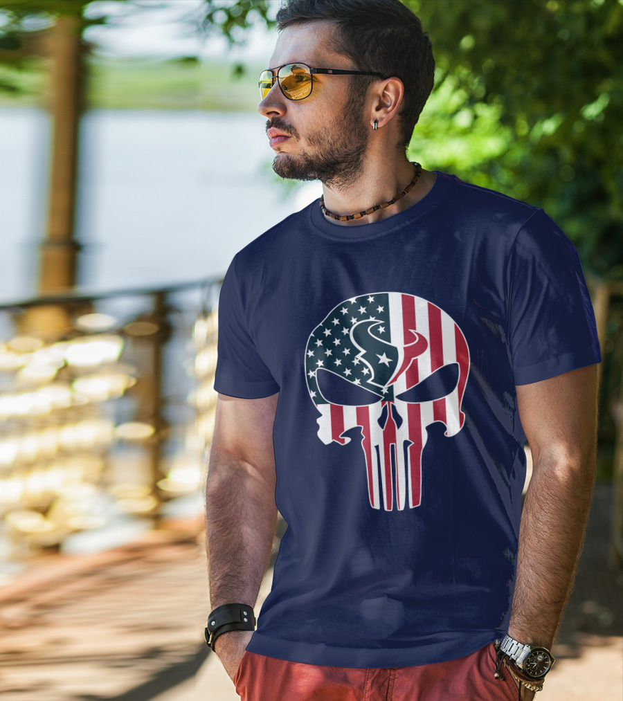 Texans Punisher Skull American Flag T-Shirt