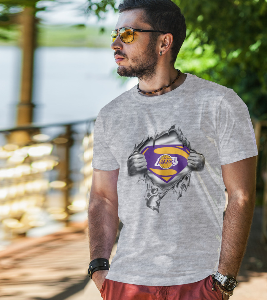 Superman Los Angeles Lakers Basketball Logo Inside Ripped T-Shirt