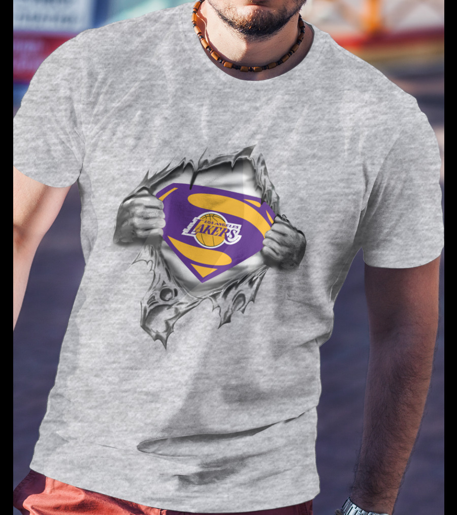 Superman Los Angeles Lakers Basketball Logo Inside Ripped T-Shirt