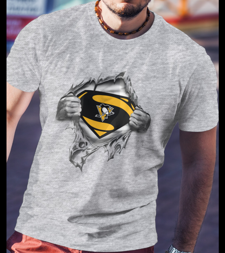 Superman Pittsburgh Penguins Logo Busting Through Silver T-Shirt