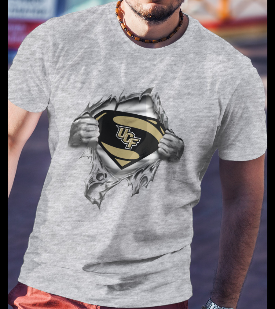 Ucf Knights Superhero Logo Grey Torn Chest T-Shirt
