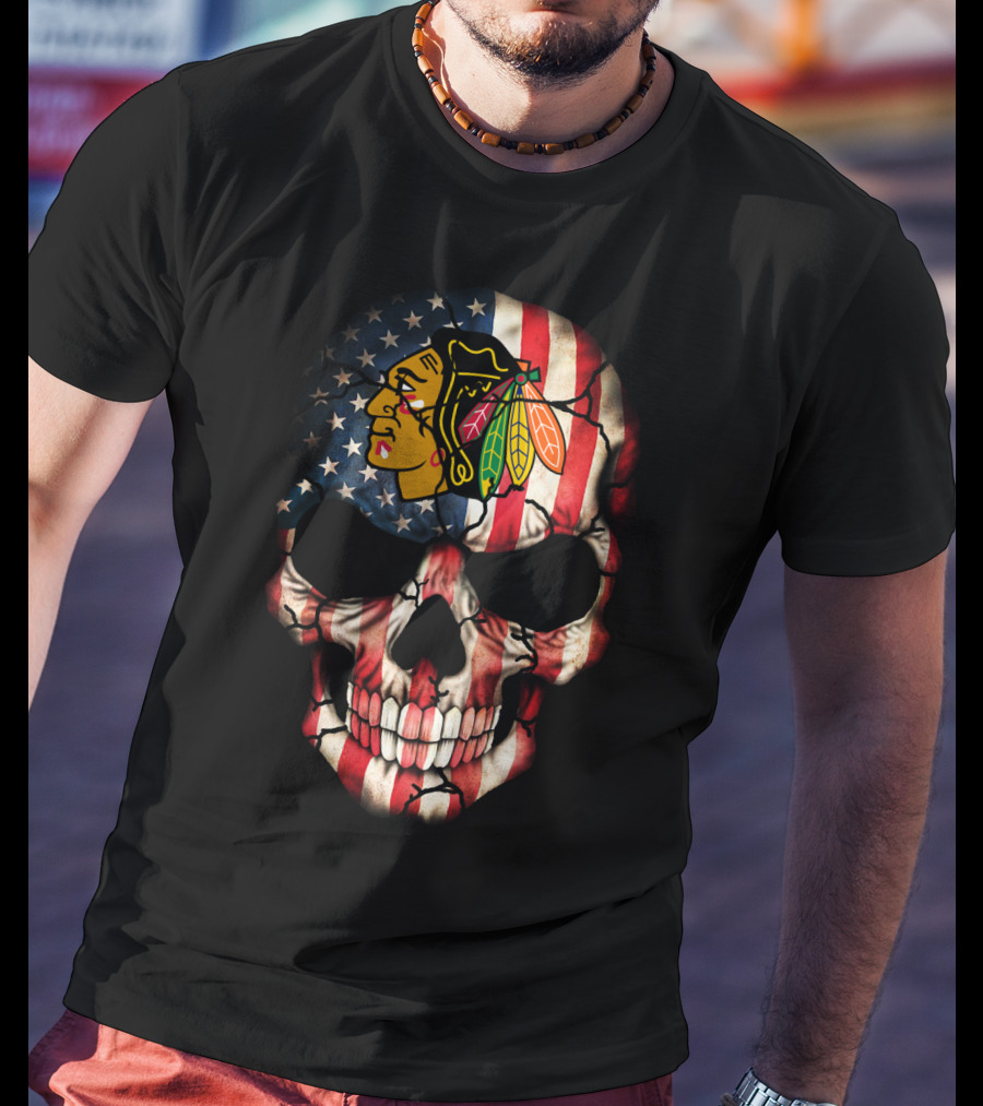 Chicago Blackhawks Skull American Flag T-Shirt