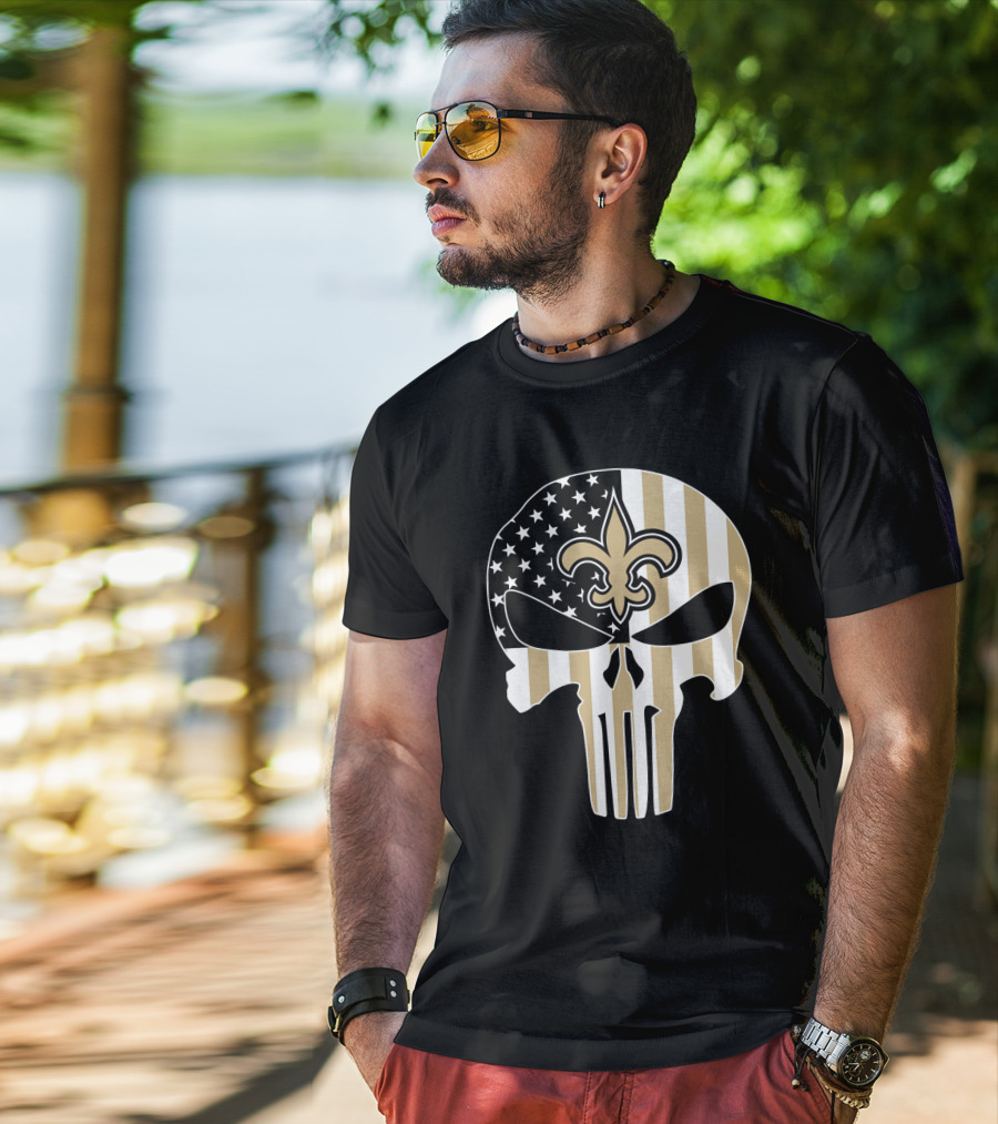 Saints Punisher Skull American Flag Fleur-De-Lis T-Shirt