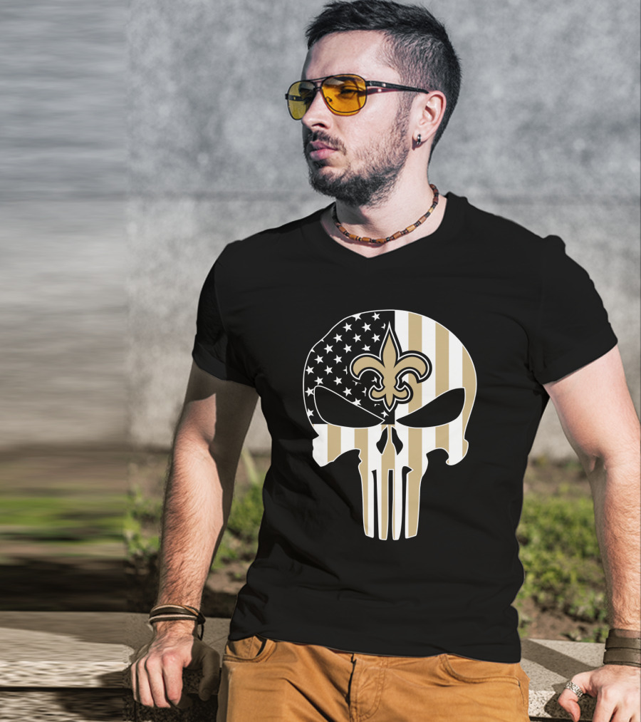 Saints Punisher Skull American Flag Fleur-De-Lis T-Shirt