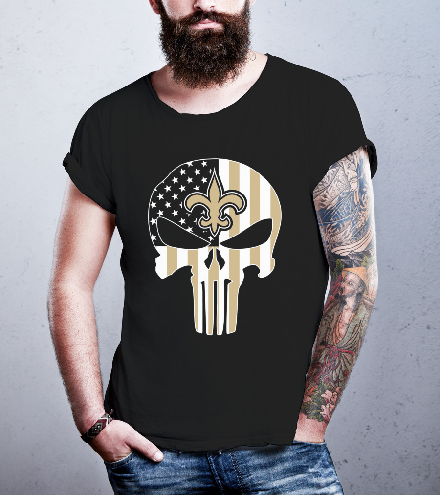 Saints Punisher Skull American Flag Fleur-De-Lis T-Shirt