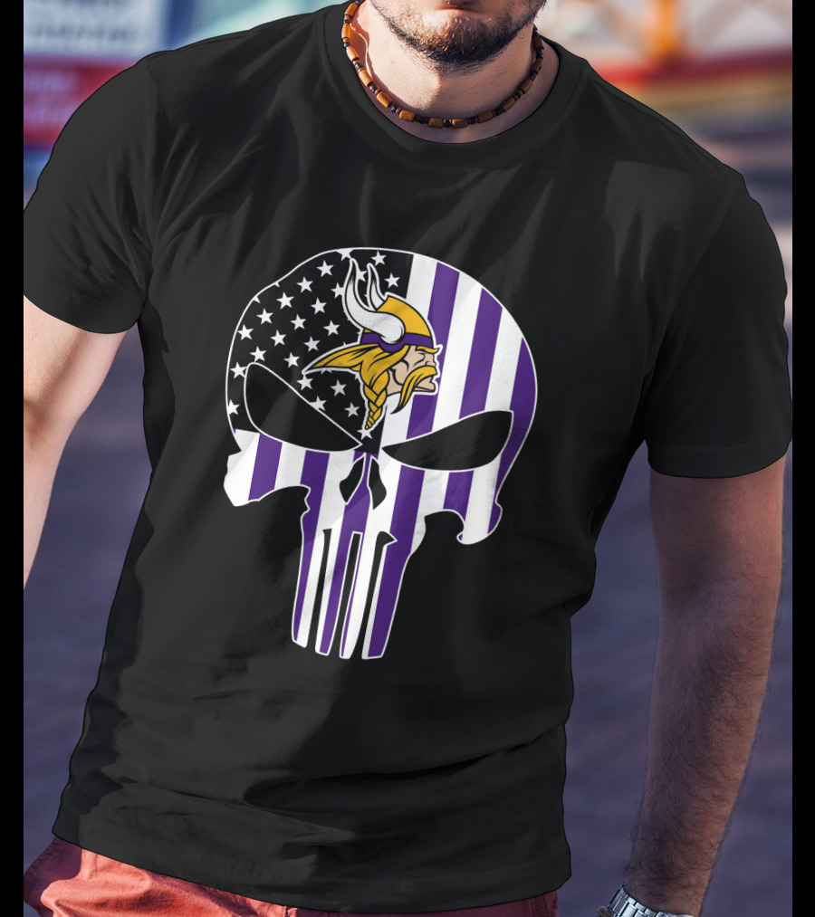 Minnesota Vikings Punisher American Flag Skull T-Shirt