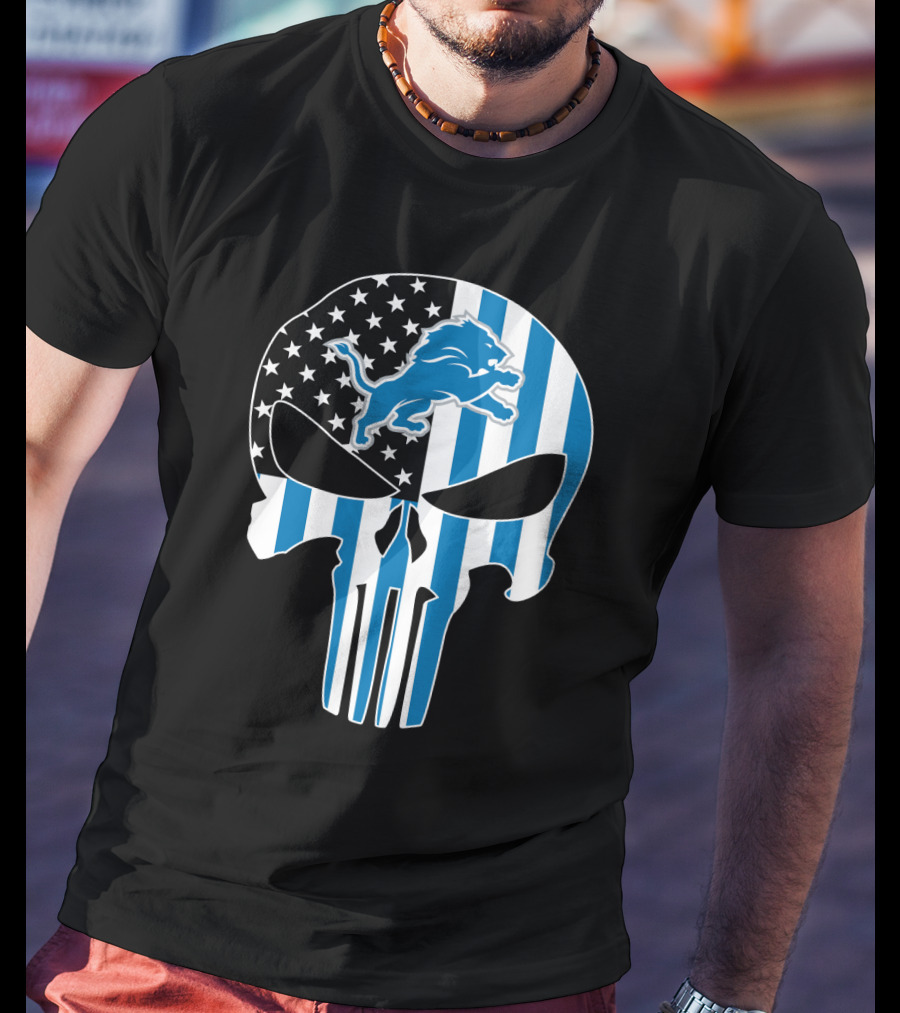 Detroit Lions Punisher Skull Logo American Flag T-Shirt