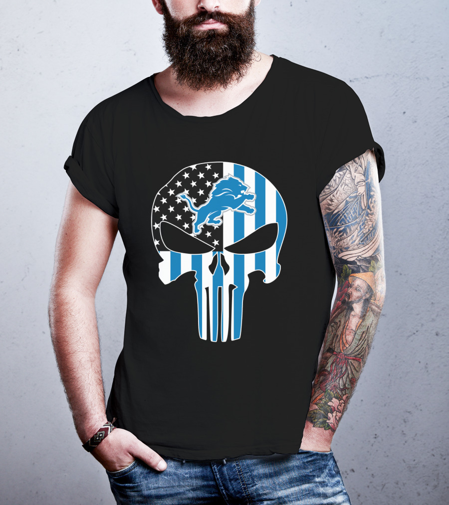 Detroit Lions Punisher Skull Logo American Flag T-Shirt