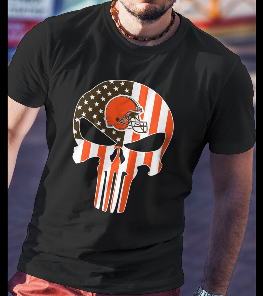 Cleveland Browns Skull American Flag Helmet T-Shirt