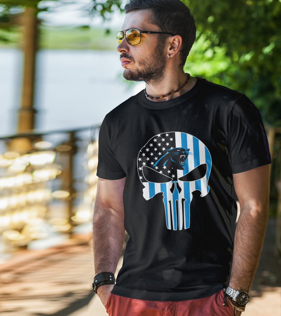 Carolina Panthers Punisher Skull American Flag T-Shirt