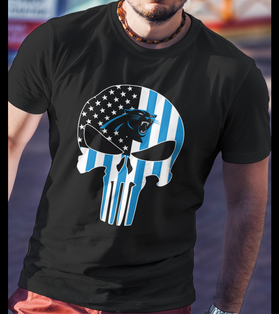 Carolina Panthers Punisher Skull American Flag T-Shirt
