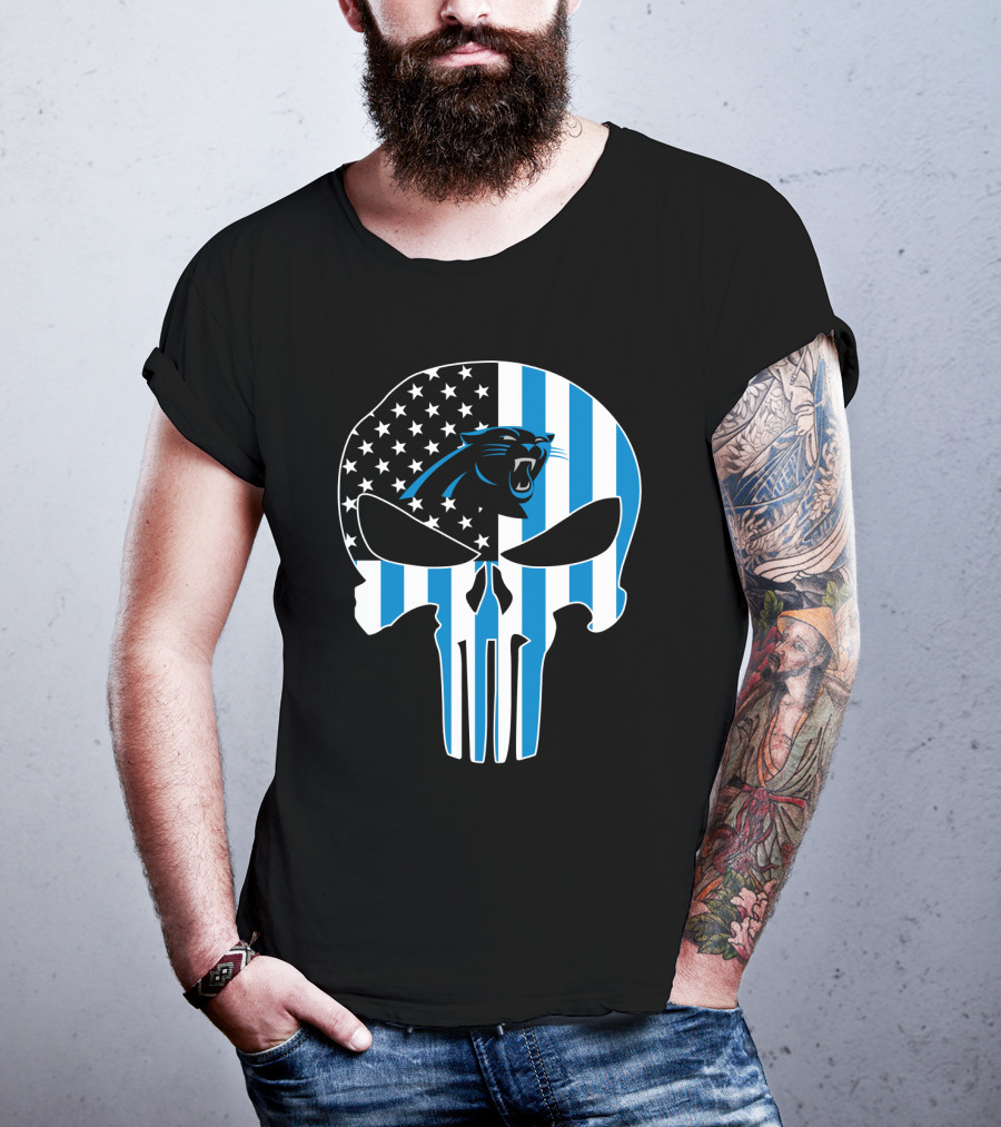 Carolina Panthers Punisher Skull American Flag T-Shirt