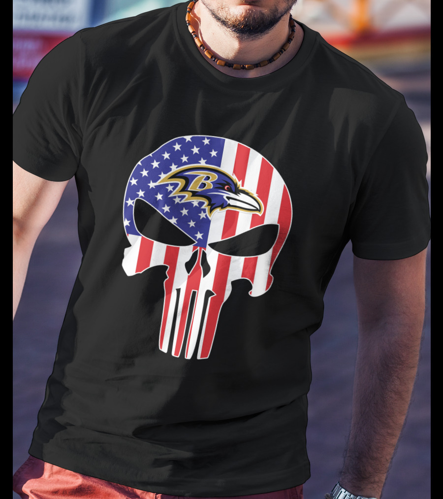Ravens Skull American Flag Punisher Style T-Shirt
