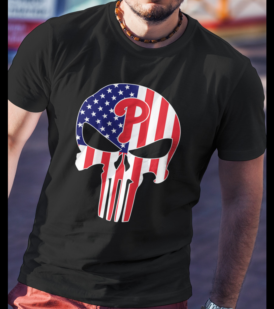 Phillies American Flag Punisher Style Skull T-Shirt