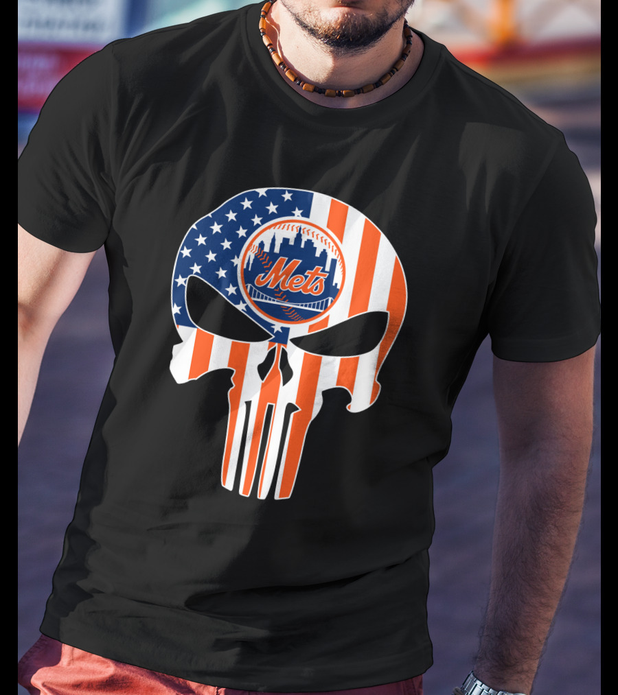 New York Mets American Flag Skull T-Shirt