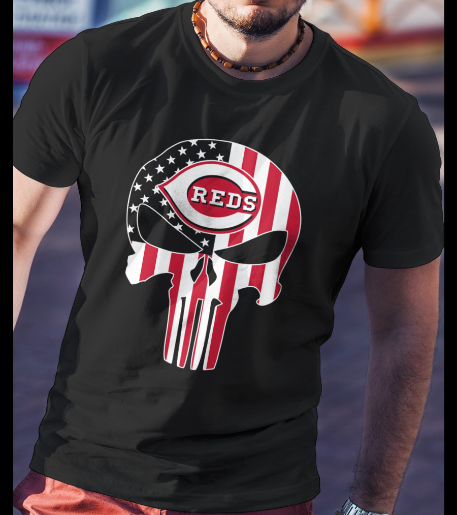 Cincinnati Reds American Flag Skull T-Shirt