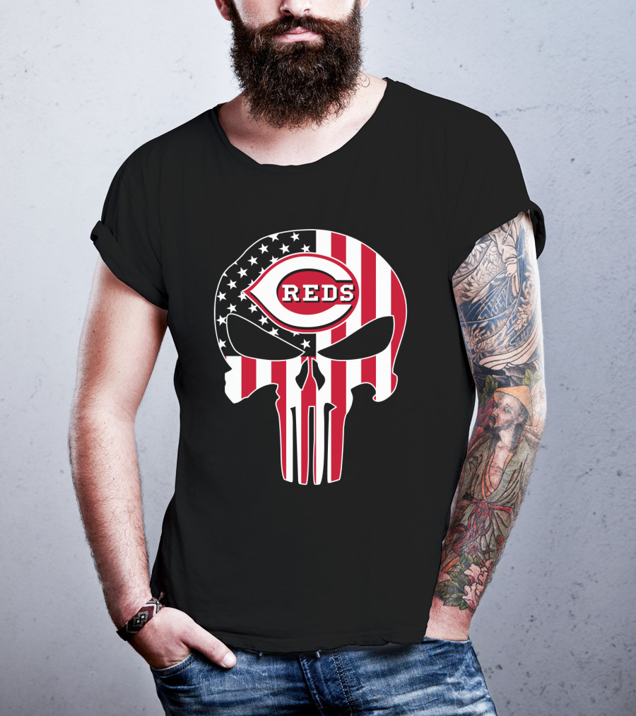 Cincinnati Reds American Flag Skull T-Shirt
