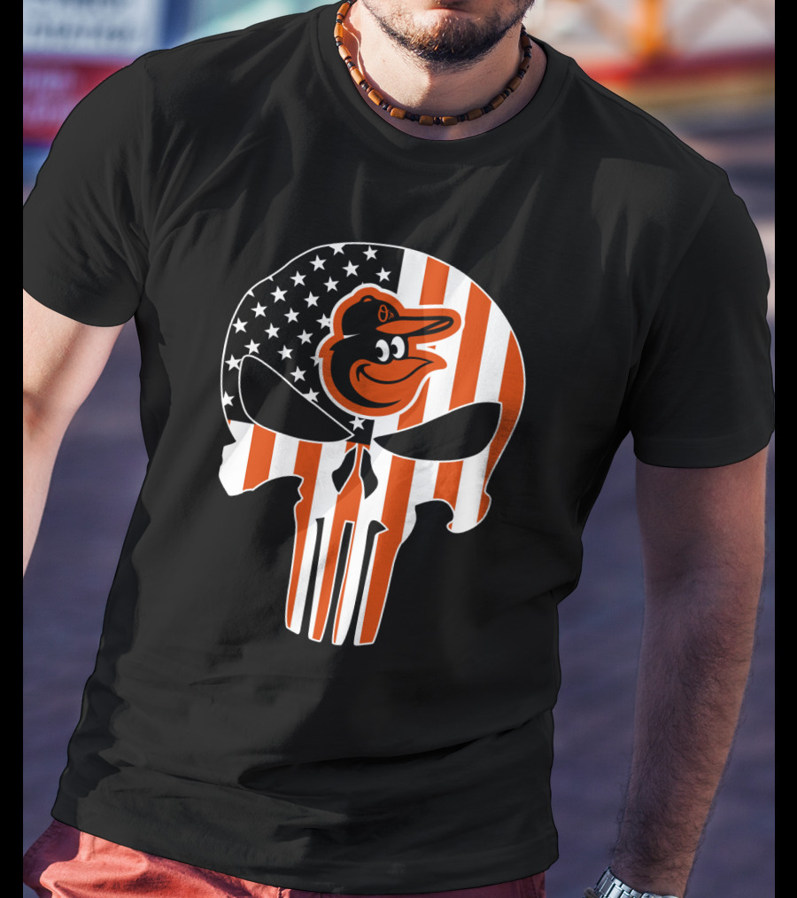 Baltimore Orioles Punisher Skull American Flag T-Shirt