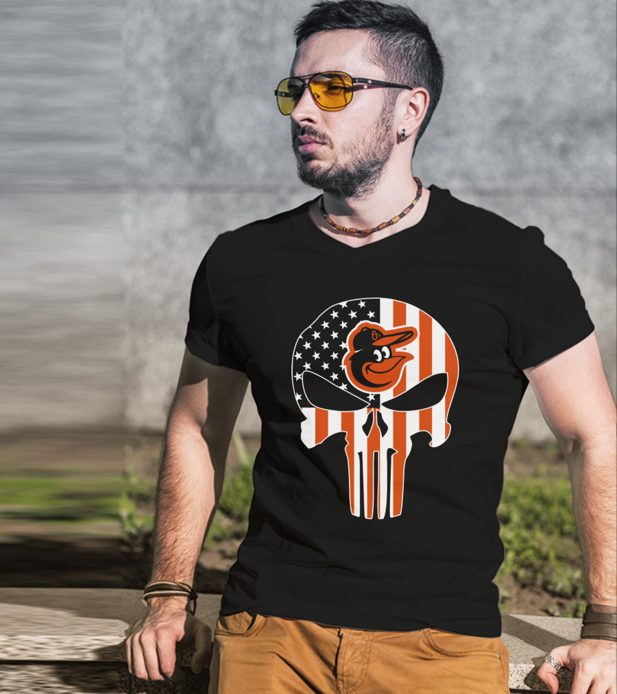 Baltimore Orioles Punisher Skull American Flag T-Shirt