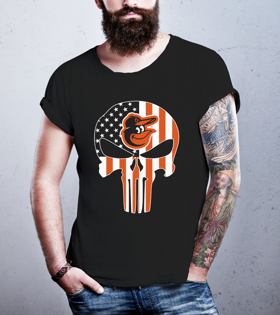 Baltimore Orioles Punisher Skull American Flag T-Shirt