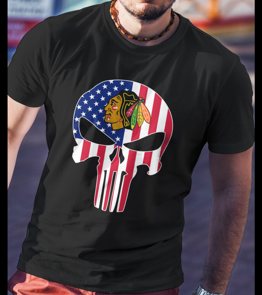 Chicago Blackhawks Punisher Skull American Flag T-Shirt